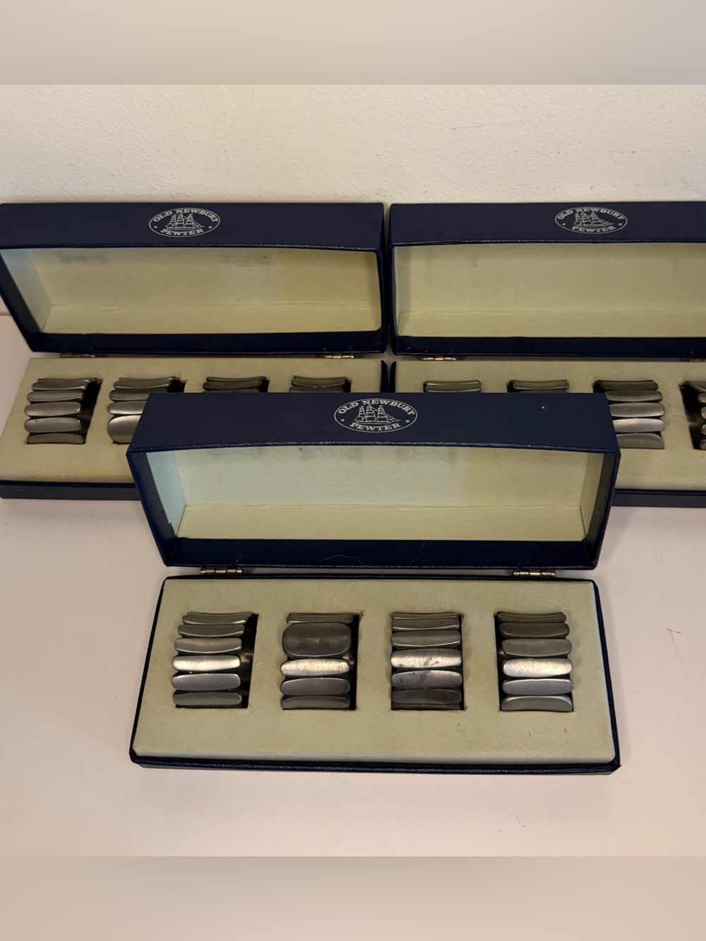 Old Newbury Crafters Pewter Napkin Ring Holders Modernist 3 boxes of 4 VTG
